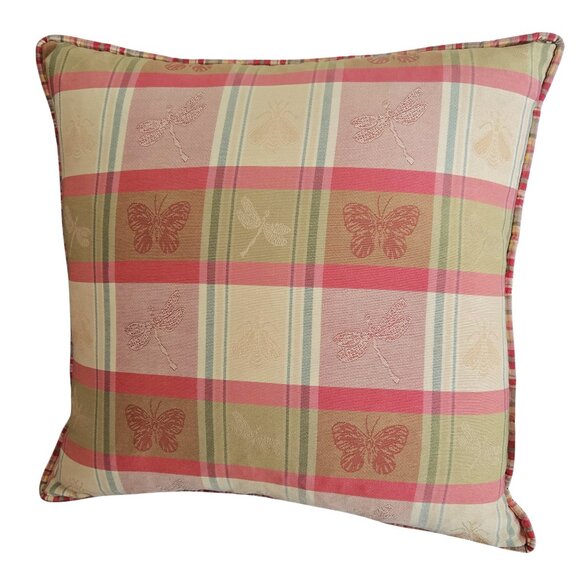 Country Cottage Plaid Accent Pillow  GrannyCore VTG 90s Yellow Pink Large 18x18 - Picture 2 of 16